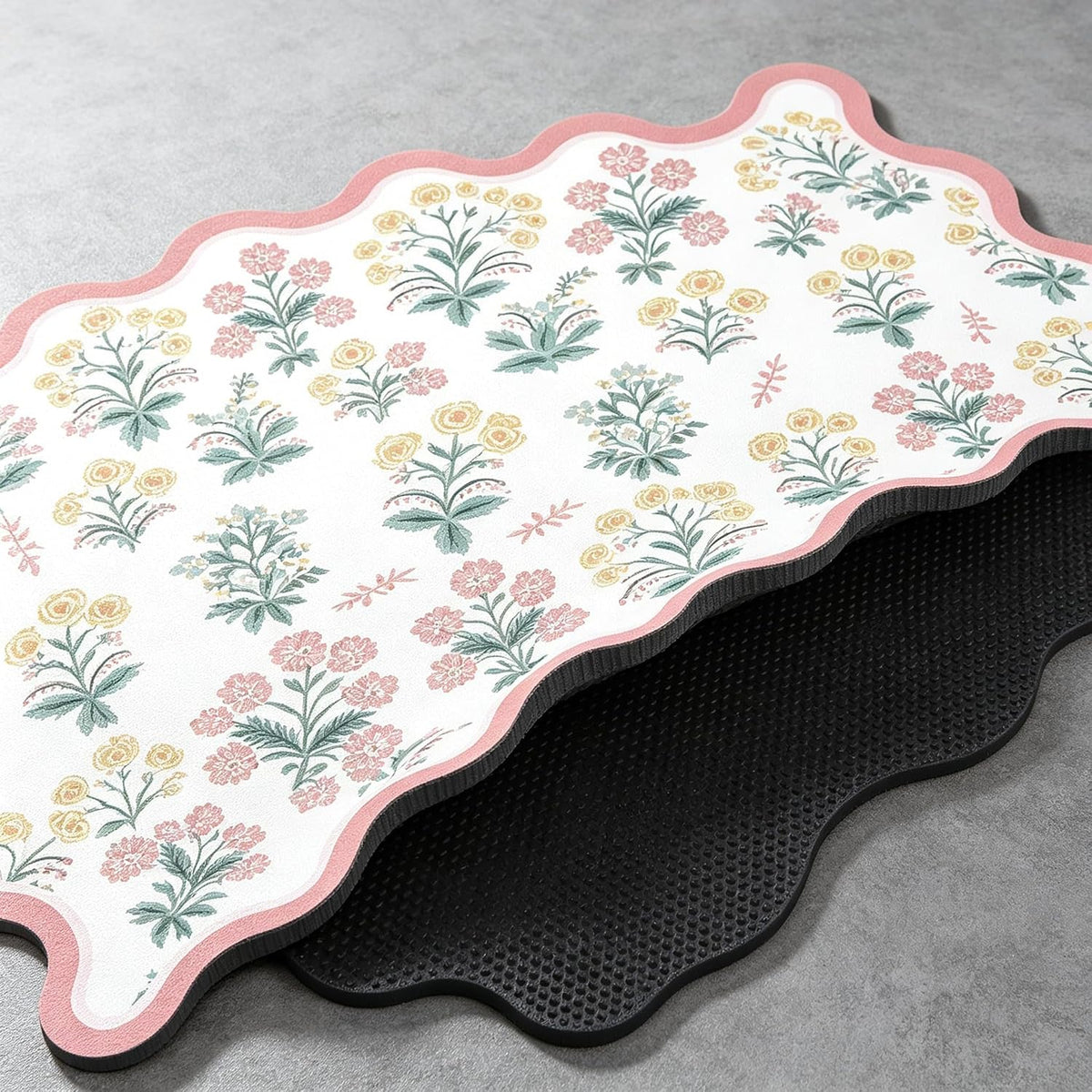 Scalloped Floral Dish Drying Mat, 12"X20" Super Absorbent Coffee Mat with Unique Pink Pastoral Floral, Cuttable Hide Stain Non-Slip Drying Mat for Kitchen Counter Coffee Maker Espresso Machine