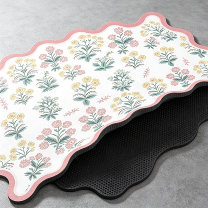 Scalloped Floral Dish Drying Mat, 12"X20" Super Absorbent Coffee Mat with Unique Pink Pastoral Floral, Cuttable Hide Stain Non-Slip Drying Mat for Kitchen Counter Coffee Maker Espresso Machine