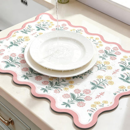 Scalloped Floral Dish Drying Mat, 12"X20" Super Absorbent Coffee Mat with Unique Pink Pastoral Floral, Cuttable Hide Stain Non-Slip Drying Mat for Kitchen Counter Coffee Maker Espresso Machine