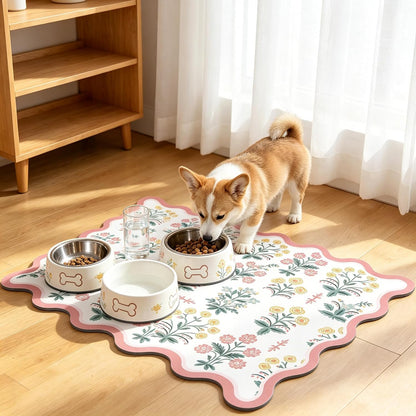 Scalloped Floral Dish Drying Mat, 12"X20" Super Absorbent Coffee Mat with Unique Pink Pastoral Floral, Cuttable Hide Stain Non-Slip Drying Mat for Kitchen Counter Coffee Maker Espresso Machine