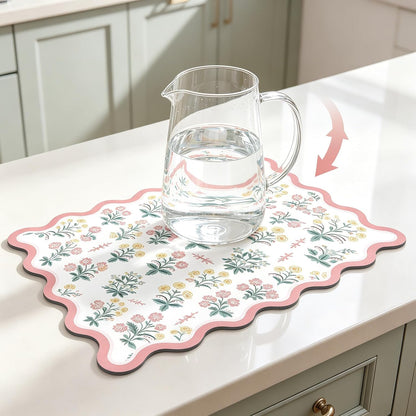 Scalloped Floral Dish Drying Mat, 12"X20" Super Absorbent Coffee Mat with Unique Pink Pastoral Floral, Cuttable Hide Stain Non-Slip Drying Mat for Kitchen Counter Coffee Maker Espresso Machine