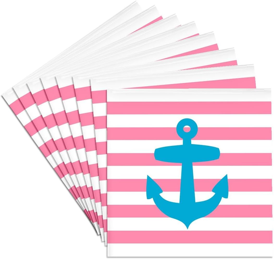 Blue Anchor Coral Pink Stripes Set of 8 Ceramic Tile Coasters