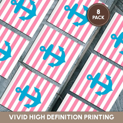 Blue Anchor Coral Pink Stripes Set of 8 Ceramic Tile Coasters