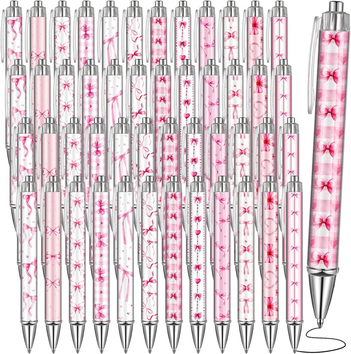 48 Pcs Pink Bow Ballpoint Pens 0.5 mm Black Ink Coquette Aesthetic Bow Ribbon Heart Pens for Women Office Home Valentines Gifts Presents Supplies