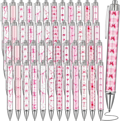 48 Pcs Pink Bow Ballpoint Pens 0.5 mm Black Ink Coquette Aesthetic Bow Ribbon Heart Pens for Women Office Home Valentines Gifts Presents Supplies