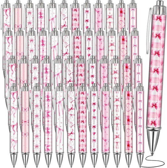 48 Pcs Pink Bow Ballpoint Pens 0.5 mm Black Ink Coquette Aesthetic Bow Ribbon Heart Pens for Women Office Home Valentines Gifts Presents Supplies