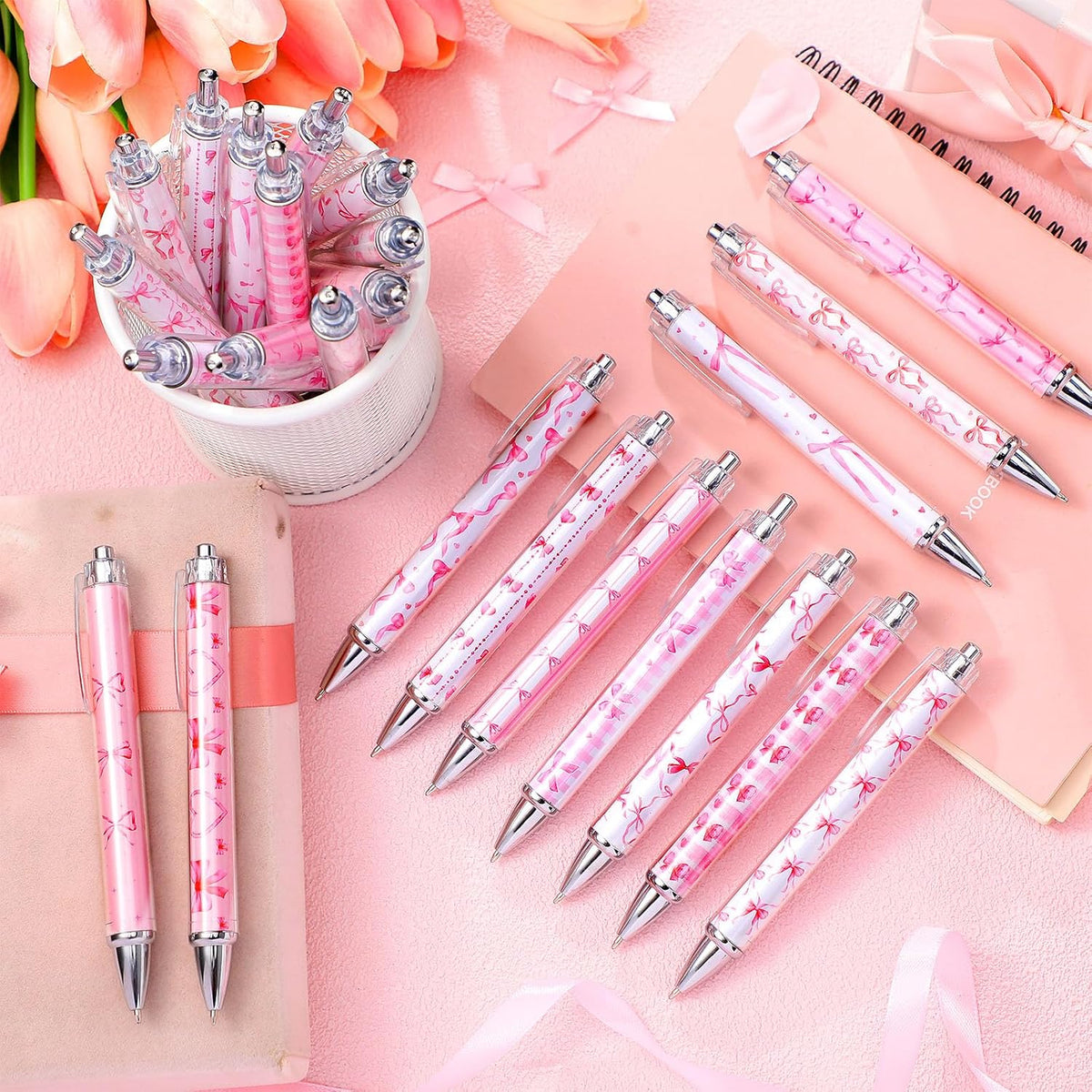 48 Pcs Pink Bow Ballpoint Pens 0.5 mm Black Ink Coquette Aesthetic Bow Ribbon Heart Pens for Women Office Home Valentines Gifts Presents Supplies