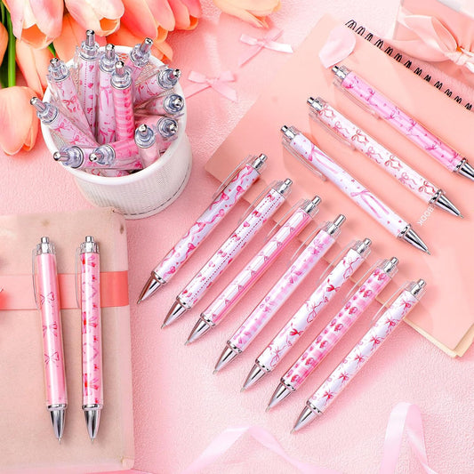 48 Pcs Pink Bow Ballpoint Pens 0.5 mm Black Ink Coquette Aesthetic Bow Ribbon Heart Pens for Women Office Home Valentines Gifts Presents Supplies