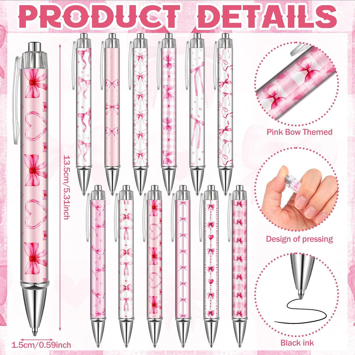 48 Pcs Pink Bow Ballpoint Pens 0.5 mm Black Ink Coquette Aesthetic Bow Ribbon Heart Pens for Women Office Home Valentines Gifts Presents Supplies