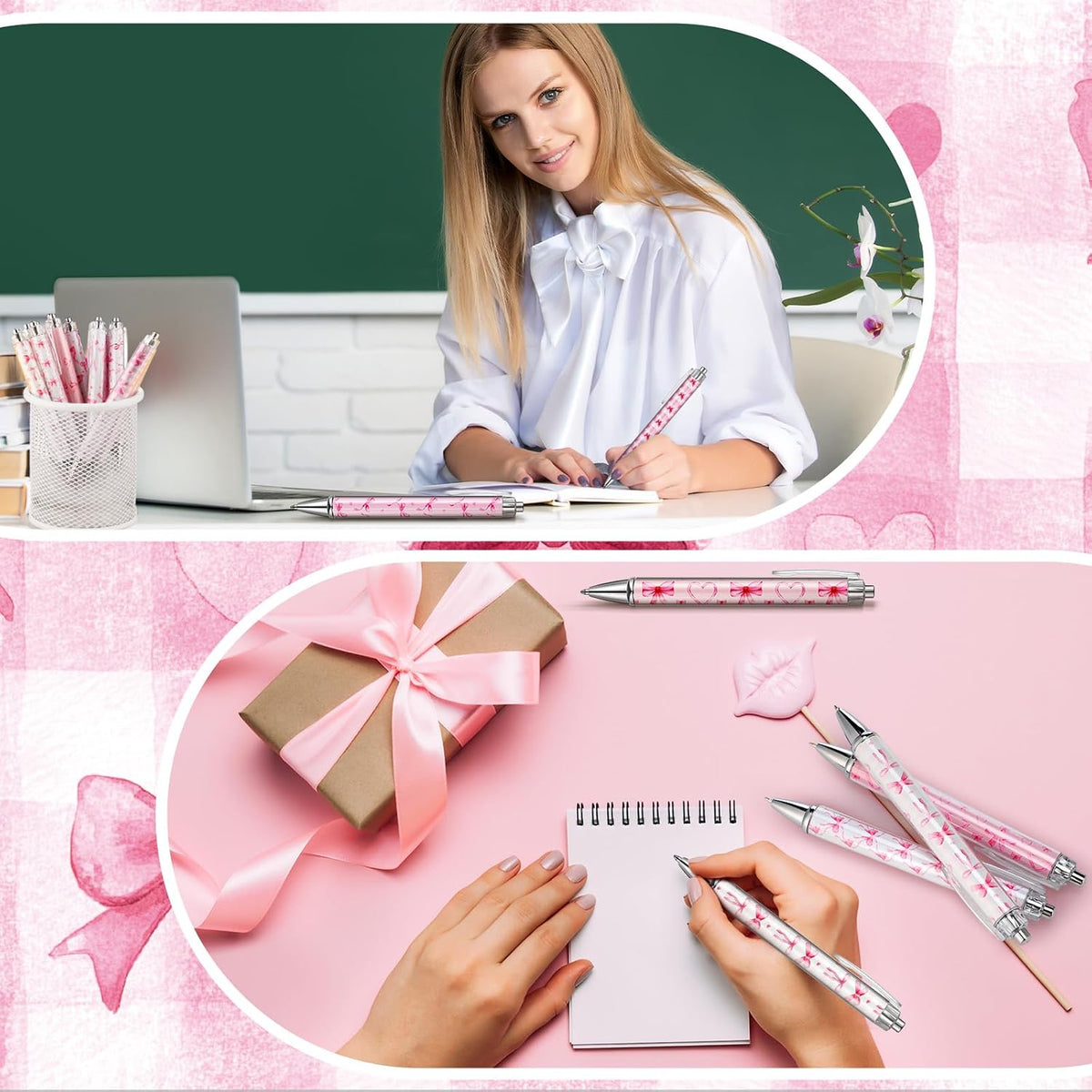 48 Pcs Pink Bow Ballpoint Pens 0.5 mm Black Ink Coquette Aesthetic Bow Ribbon Heart Pens for Women Office Home Valentines Gifts Presents Supplies
