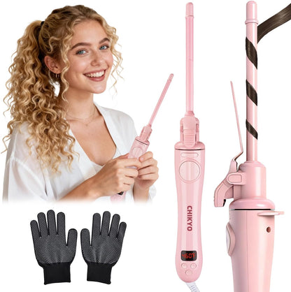 CHIKYO Automatic 9mm Rotating Curling Iron, 3/8 Inch Ceramic Barrel Curling Wand, Tiny Small Automatic Hair Curler with Anti-Scald Press & Anti-Scald Stand, Curling Iron for Short Hair(Pink)