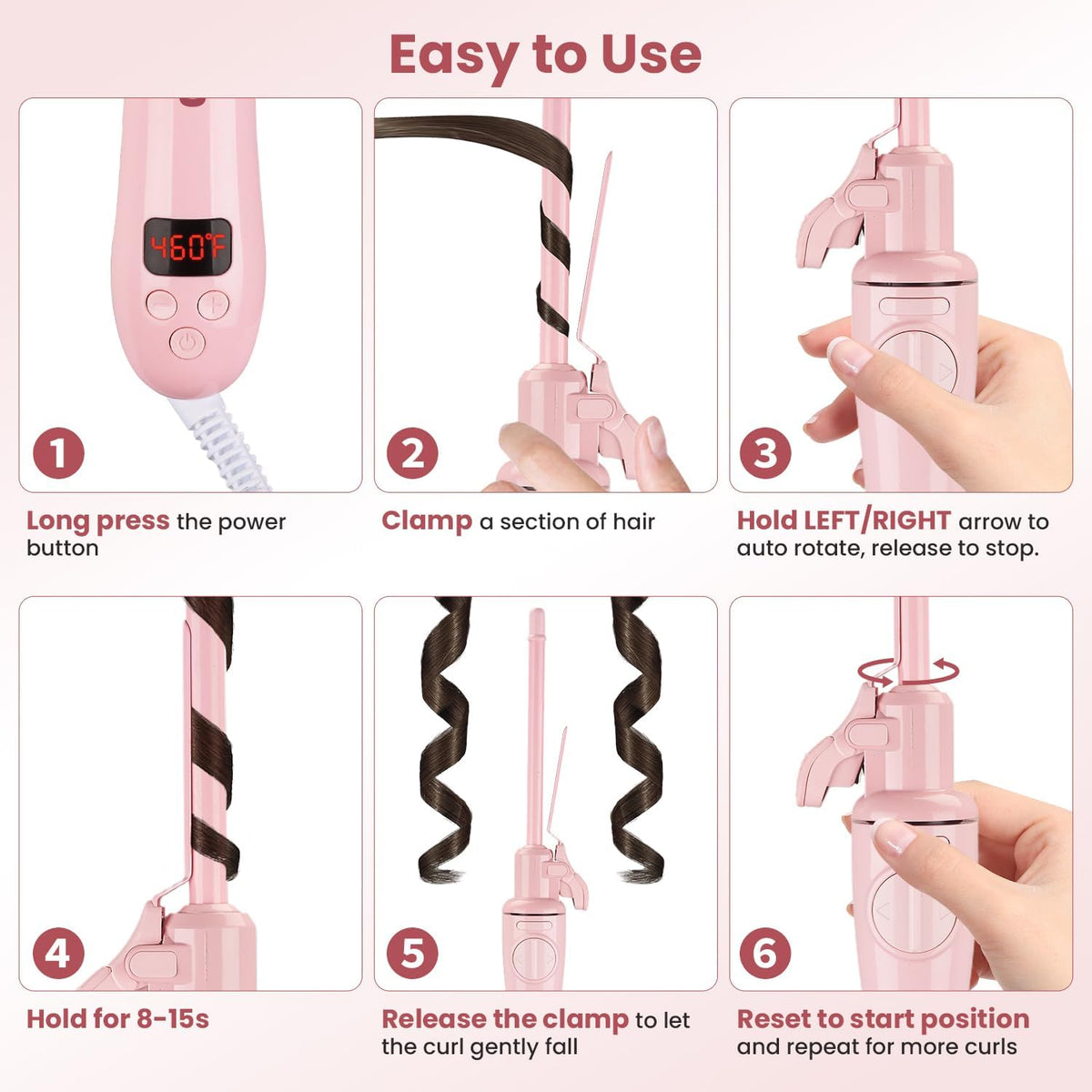 CHIKYO Automatic 9mm Rotating Curling Iron, 3/8 Inch Ceramic Barrel Curling Wand, Tiny Small Automatic Hair Curler with Anti-Scald Press & Anti-Scald Stand, Curling Iron for Short Hair(Pink)