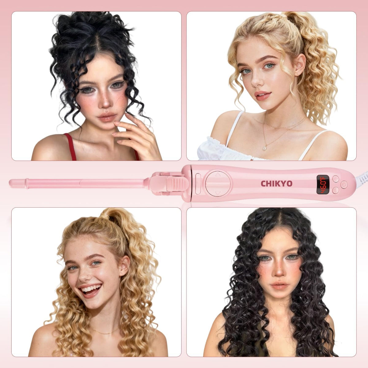 CHIKYO Automatic 9mm Rotating Curling Iron, 3/8 Inch Ceramic Barrel Curling Wand, Tiny Small Automatic Hair Curler with Anti-Scald Press & Anti-Scald Stand, Curling Iron for Short Hair(Pink)