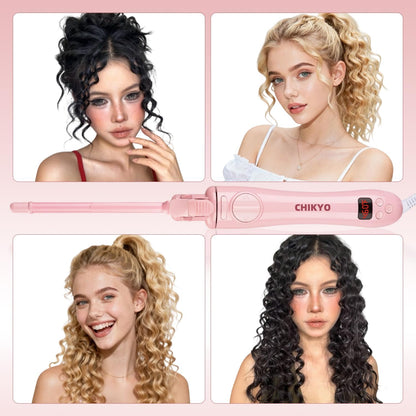 CHIKYO Automatic 9mm Rotating Curling Iron, 3/8 Inch Ceramic Barrel Curling Wand, Tiny Small Automatic Hair Curler with Anti-Scald Press & Anti-Scald Stand, Curling Iron for Short Hair(Pink)
