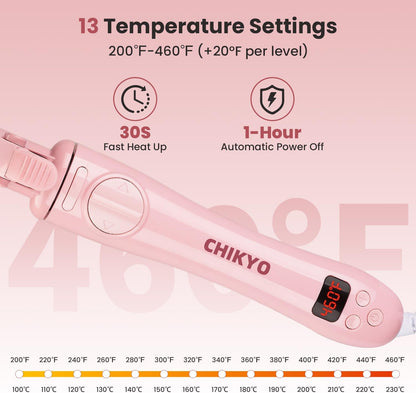 CHIKYO Automatic 9mm Rotating Curling Iron, 3/8 Inch Ceramic Barrel Curling Wand, Tiny Small Automatic Hair Curler with Anti-Scald Press & Anti-Scald Stand, Curling Iron for Short Hair(Pink)