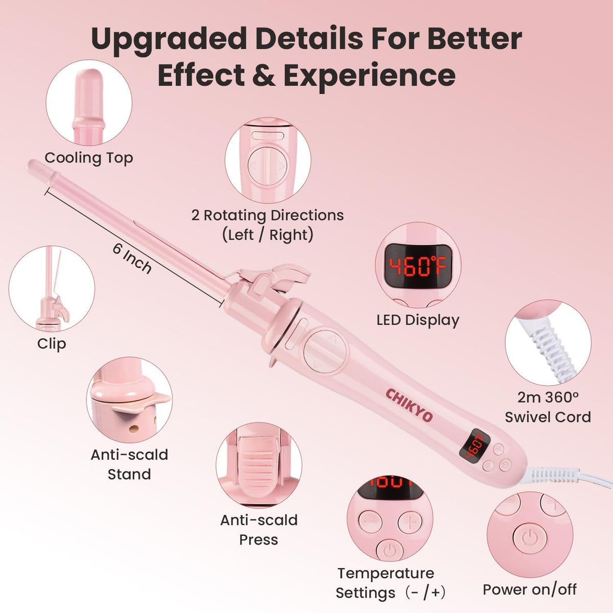 CHIKYO Automatic 9mm Rotating Curling Iron, 3/8 Inch Ceramic Barrel Curling Wand, Tiny Small Automatic Hair Curler with Anti-Scald Press & Anti-Scald Stand, Curling Iron for Short Hair(Pink)