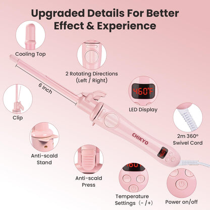 CHIKYO Automatic 9mm Rotating Curling Iron, 3/8 Inch Ceramic Barrel Curling Wand, Tiny Small Automatic Hair Curler with Anti-Scald Press & Anti-Scald Stand, Curling Iron for Short Hair(Pink)