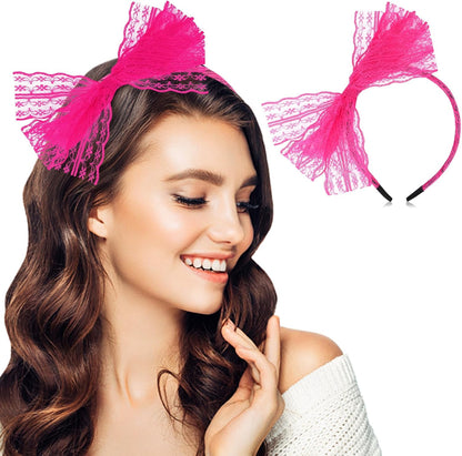 Neon Lace Bow Headband, Elastic Women's 1980s Neon Lace Headband 1980s Cosplay Hair Accessories for Women