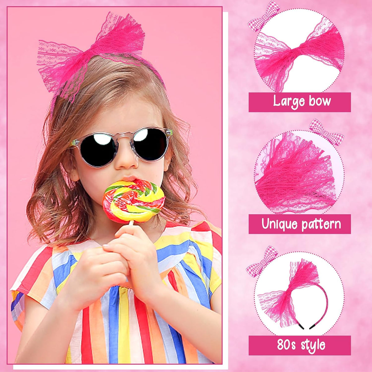 Neon Lace Bow Headband, Elastic Women's 1980s Neon Lace Headband 1980s Cosplay Hair Accessories for Women