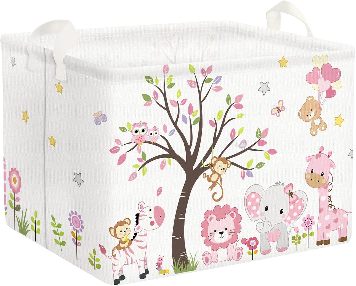 Collapsible Large Pink Woodland Animal Baby Girl Bakset Jungle Animals Lion Giraffe Book Shelf Basket with Handle Rectangle Toy Clothes Cube Storage Basket for Kids Room