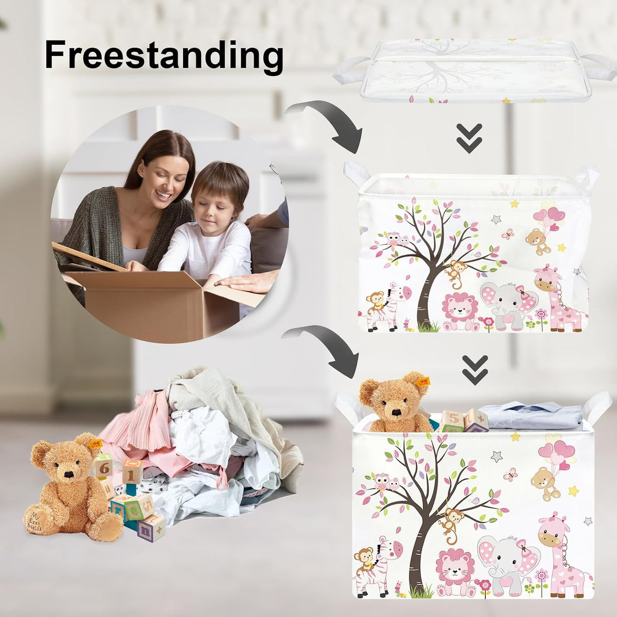 Collapsible Large Pink Woodland Animal Baby Girl Bakset Jungle Animals Lion Giraffe Book Shelf Basket with Handle Rectangle Toy Clothes Cube Storage Basket for Kids Room
