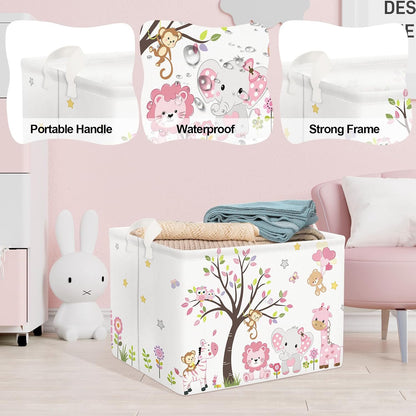 Collapsible Large Pink Woodland Animal Baby Girl Bakset Jungle Animals Lion Giraffe Book Shelf Basket with Handle Rectangle Toy Clothes Cube Storage Basket for Kids Room