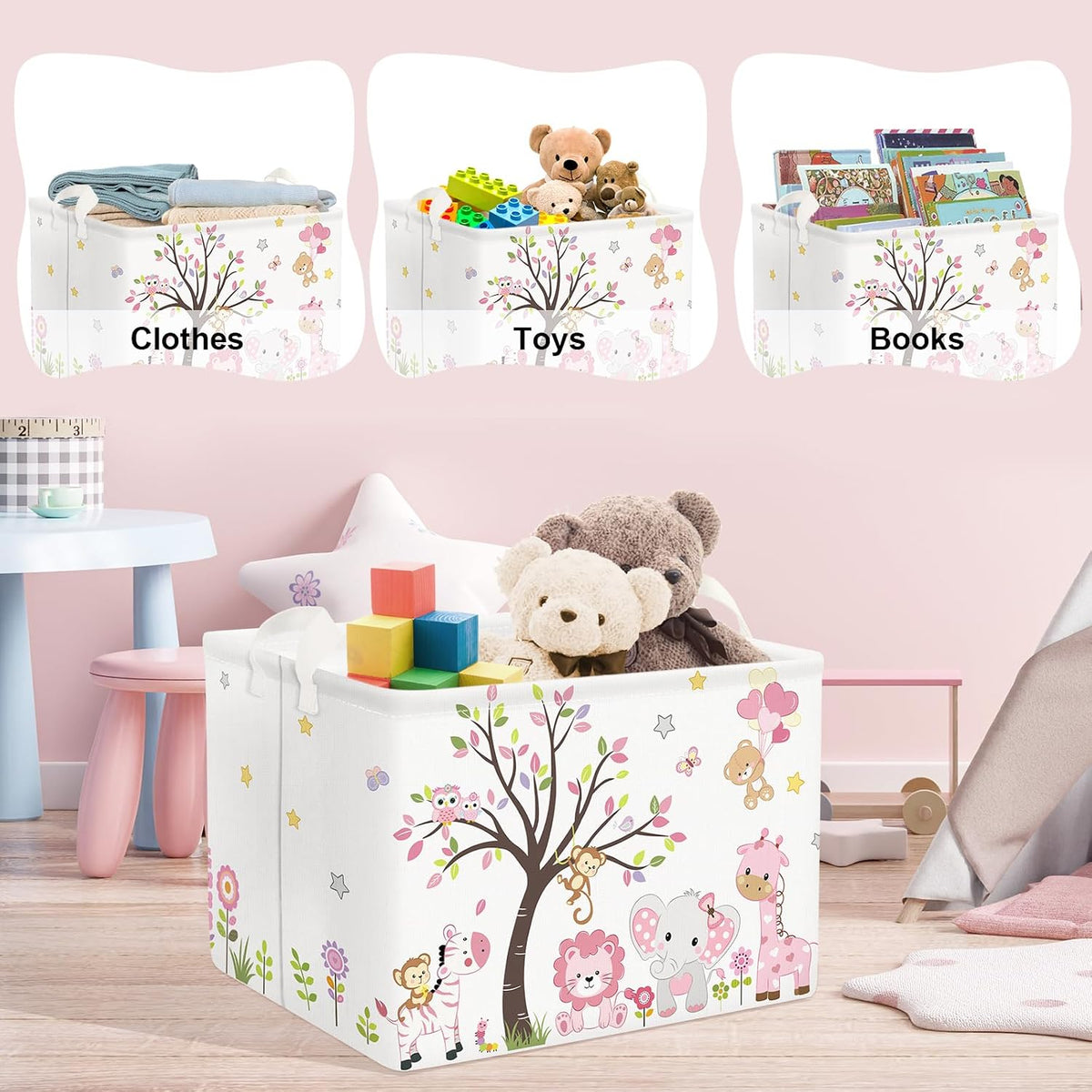 Collapsible Large Pink Woodland Animal Baby Girl Bakset Jungle Animals Lion Giraffe Book Shelf Basket with Handle Rectangle Toy Clothes Cube Storage Basket for Kids Room