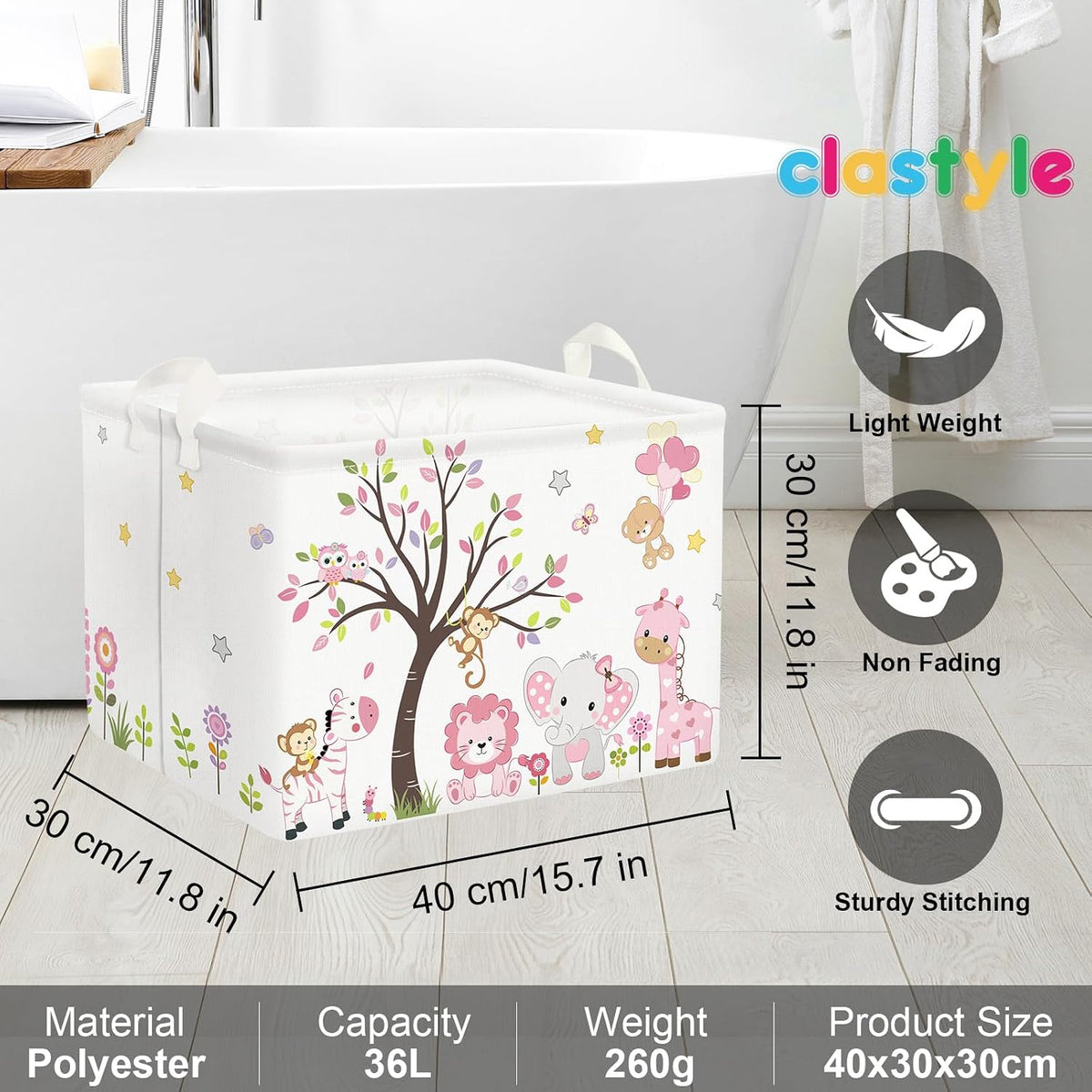 Collapsible Large Pink Woodland Animal Baby Girl Bakset Jungle Animals Lion Giraffe Book Shelf Basket with Handle Rectangle Toy Clothes Cube Storage Basket for Kids Room