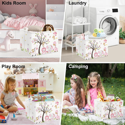 Collapsible Large Pink Woodland Animal Baby Girl Bakset Jungle Animals Lion Giraffe Book Shelf Basket with Handle Rectangle Toy Clothes Cube Storage Basket for Kids Room