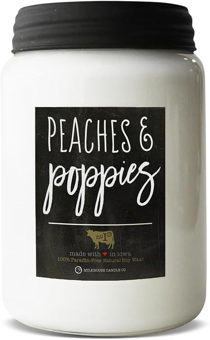 Milkhouse Peaches & Poppies Soy Candle, 26 oz Farmhouse Jar, 150+ Hr Burn