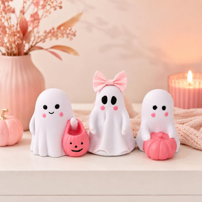 3 Pcs Pink Ghost Figurines, Halloween Table Decor with Pumpkin Bow