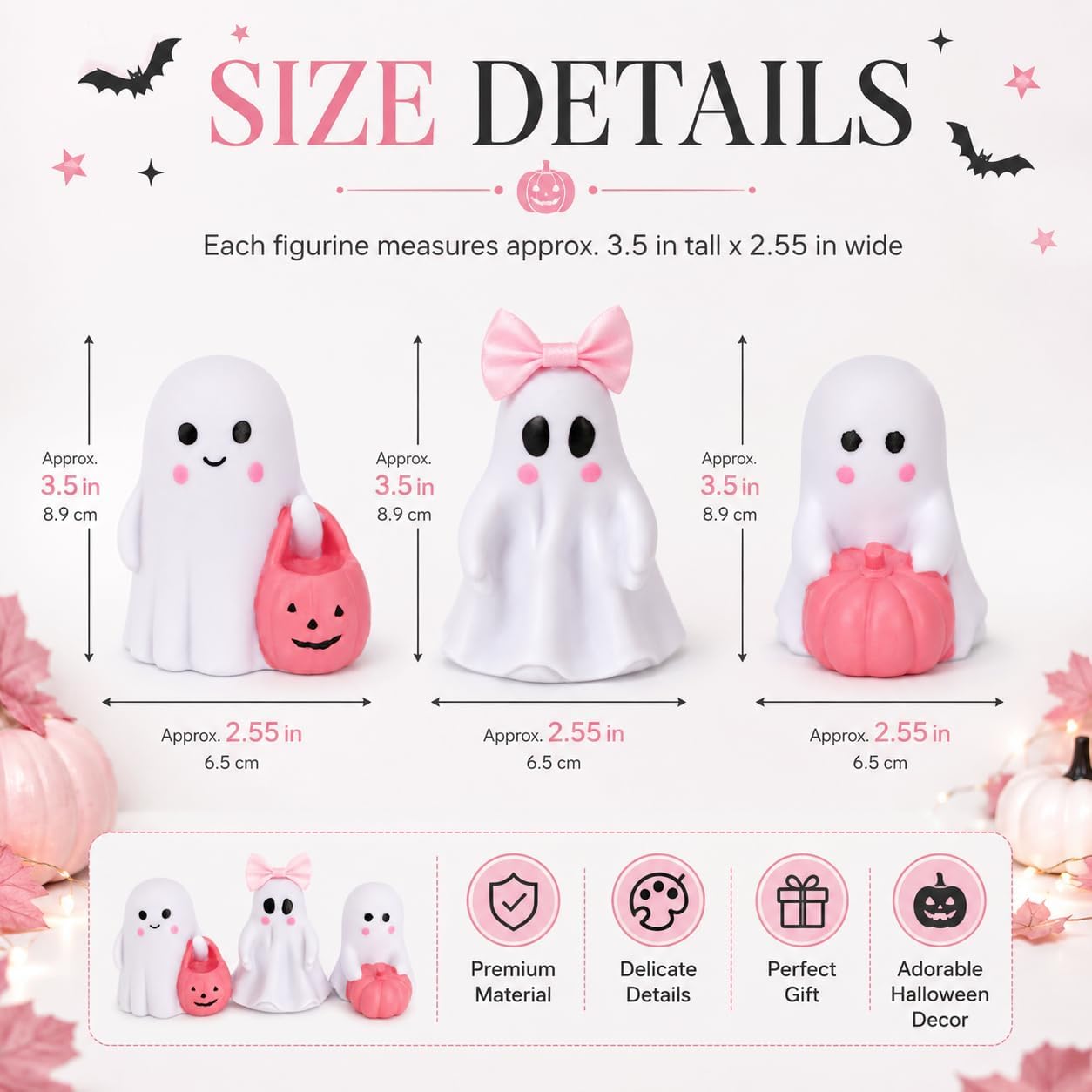 3 Pcs Pink Ghost Figurines, Halloween Table Decor with Pumpkin Bow