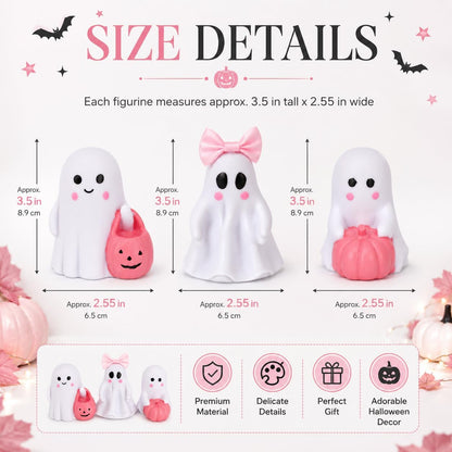 3 Pcs Pink Ghost Figurines, Halloween Table Decor with Pumpkin Bow