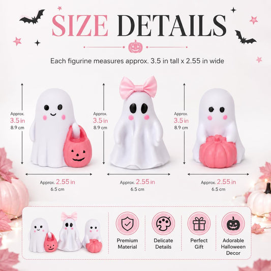 3 Pcs Pink Ghost Figurines, Halloween Table Decor with Pumpkin Bow