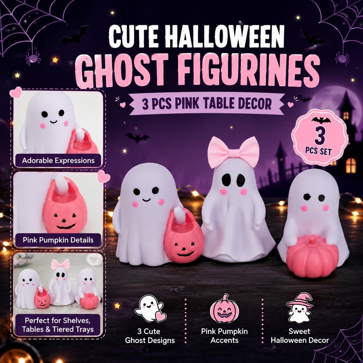 3 Pcs Pink Ghost Figurines, Halloween Table Decor with Pumpkin Bow