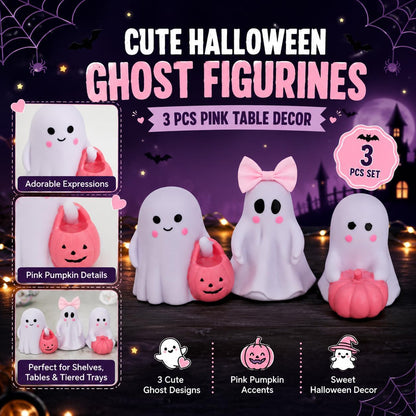 3 Pcs Pink Ghost Figurines, Halloween Table Decor with Pumpkin Bow