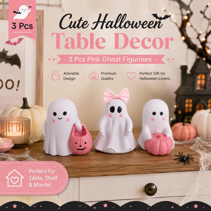 3 Pcs Pink Ghost Figurines, Halloween Table Decor with Pumpkin Bow