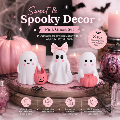 3 Pcs Pink Ghost Figurines, Halloween Table Decor with Pumpkin Bow