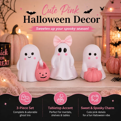 3 Pcs Pink Ghost Figurines, Halloween Table Decor with Pumpkin Bow