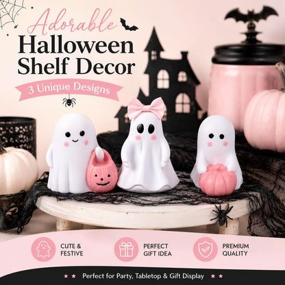 3 Pcs Pink Ghost Figurines, Halloween Table Decor with Pumpkin Bow