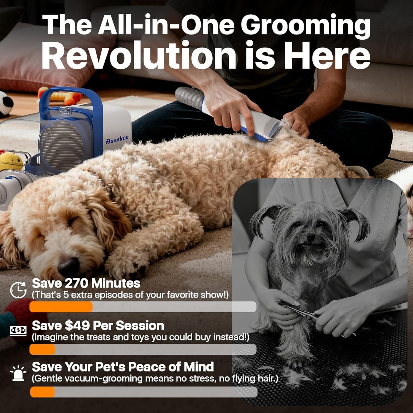 buenkee Dog Grooming Kit with Vacuum, 15000Pa Pet Hair Clipper and Shedding Brush, 2L Capacity, White