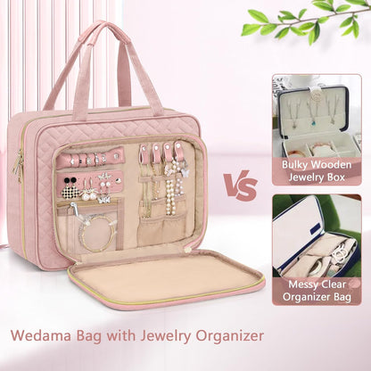 Toiletry Bag for Women, Hanging Travel Toiletry Bag with Jewelry Organizer Compartment Large Makeup Bag, PVC Waterproof Cosmetic Travel Bag for Travel Business Trips Camping Bathroom, Pink