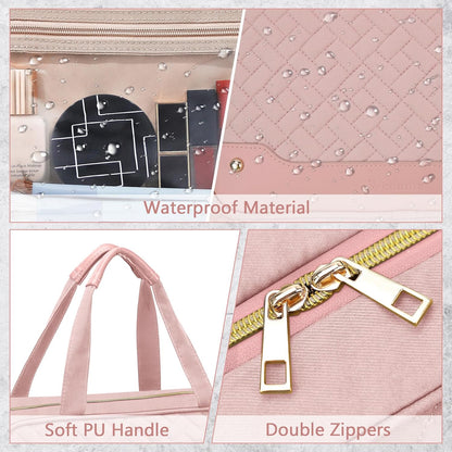 Toiletry Bag for Women, Hanging Travel Toiletry Bag with Jewelry Organizer Compartment Large Makeup Bag, PVC Waterproof Cosmetic Travel Bag for Travel Business Trips Camping Bathroom, Pink