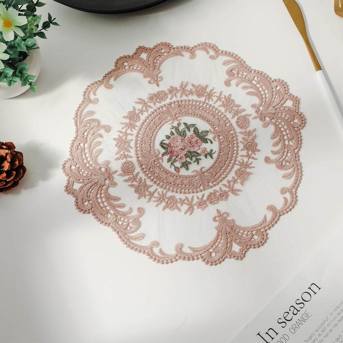 Embroidered Placemats Set of 2, Retro Handmand Place Mats Vintage Cup Vase Table Mat for Dining Table Kitchen Party -Dark Pink, 2PCS