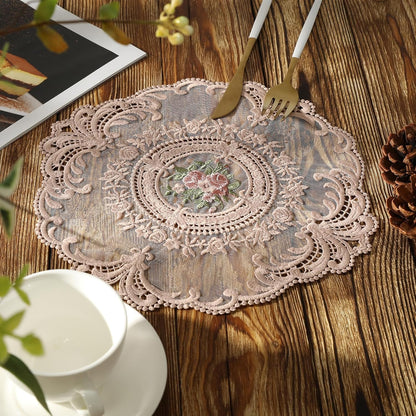Embroidered Placemats Set of 2, Retro Handmand Place Mats Vintage Cup Vase Table Mat for Dining Table Kitchen Party -Dark Pink, 2PCS