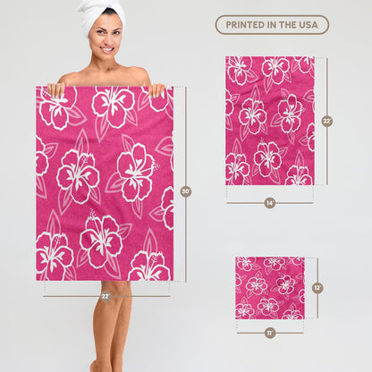 TWL_77501_1 Hawaiian Hibiscus Flower Print - Pink & White Towel, 15 x 22