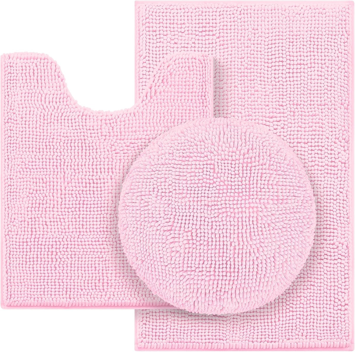 3 Pieces Light Pink Bathroom Rugs Set, Ultra Soft Non Slip Bath Rug and Absorbent Chenille Bath Mat, Includes U-Shaped Contour Rug, Bath Mat and Toilet Lid Cover, Perfect for Bathroom, Tub