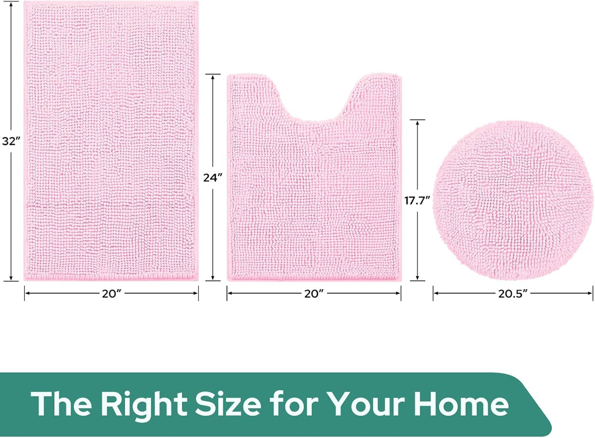 3 Pieces Light Pink Bathroom Rugs Set, Ultra Soft Non Slip Bath Rug and Absorbent Chenille Bath Mat, Includes U-Shaped Contour Rug, Bath Mat and Toilet Lid Cover, Perfect for Bathroom, Tub