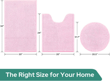 3 Pieces Light Pink Bathroom Rugs Set, Ultra Soft Non Slip Bath Rug and Absorbent Chenille Bath Mat, Includes U-Shaped Contour Rug, Bath Mat and Toilet Lid Cover, Perfect for Bathroom, Tub