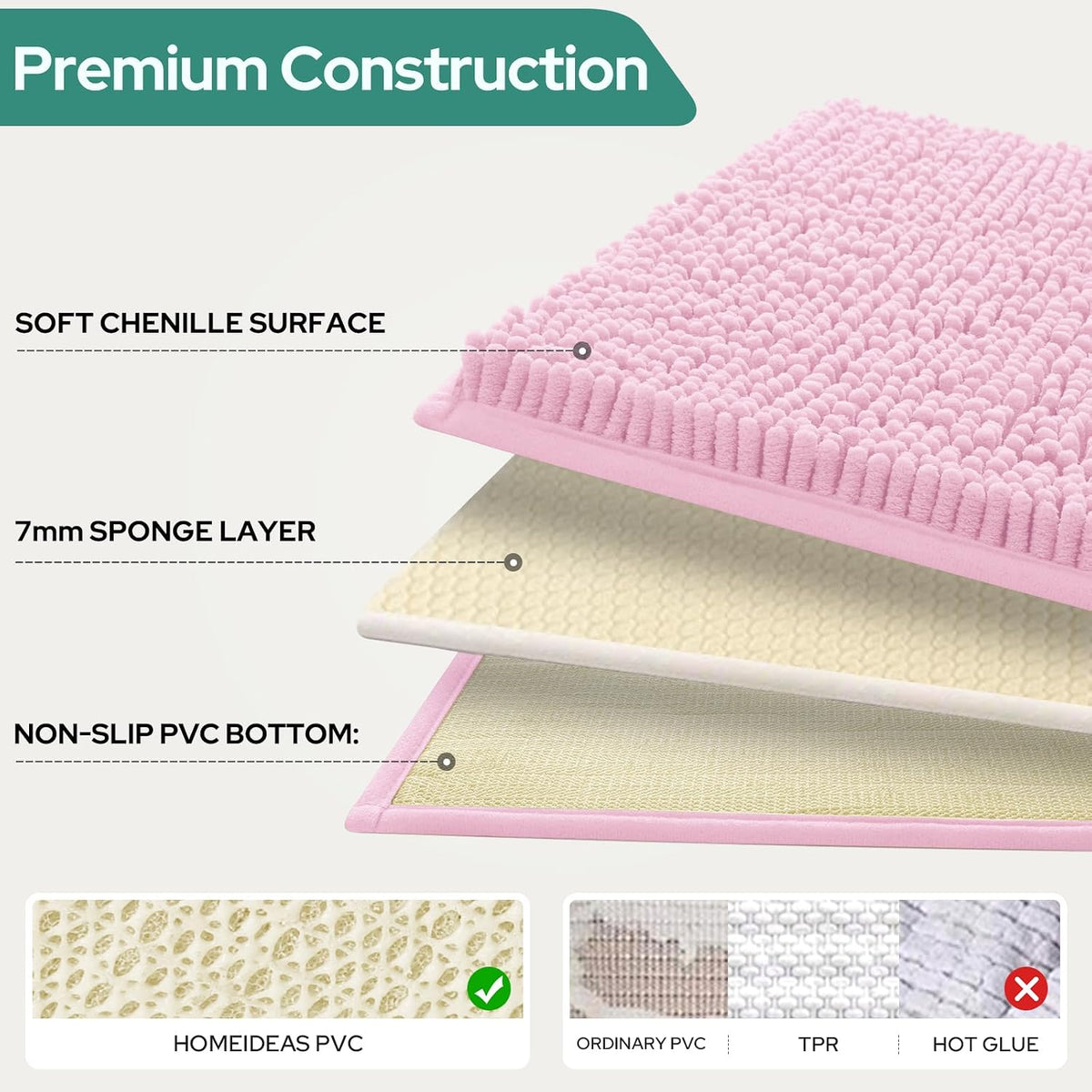 3 Pieces Light Pink Bathroom Rugs Set, Ultra Soft Non Slip Bath Rug and Absorbent Chenille Bath Mat, Includes U-Shaped Contour Rug, Bath Mat and Toilet Lid Cover, Perfect for Bathroom, Tub